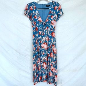 Lulus blue floral deep v neck cutout midi flowy dress